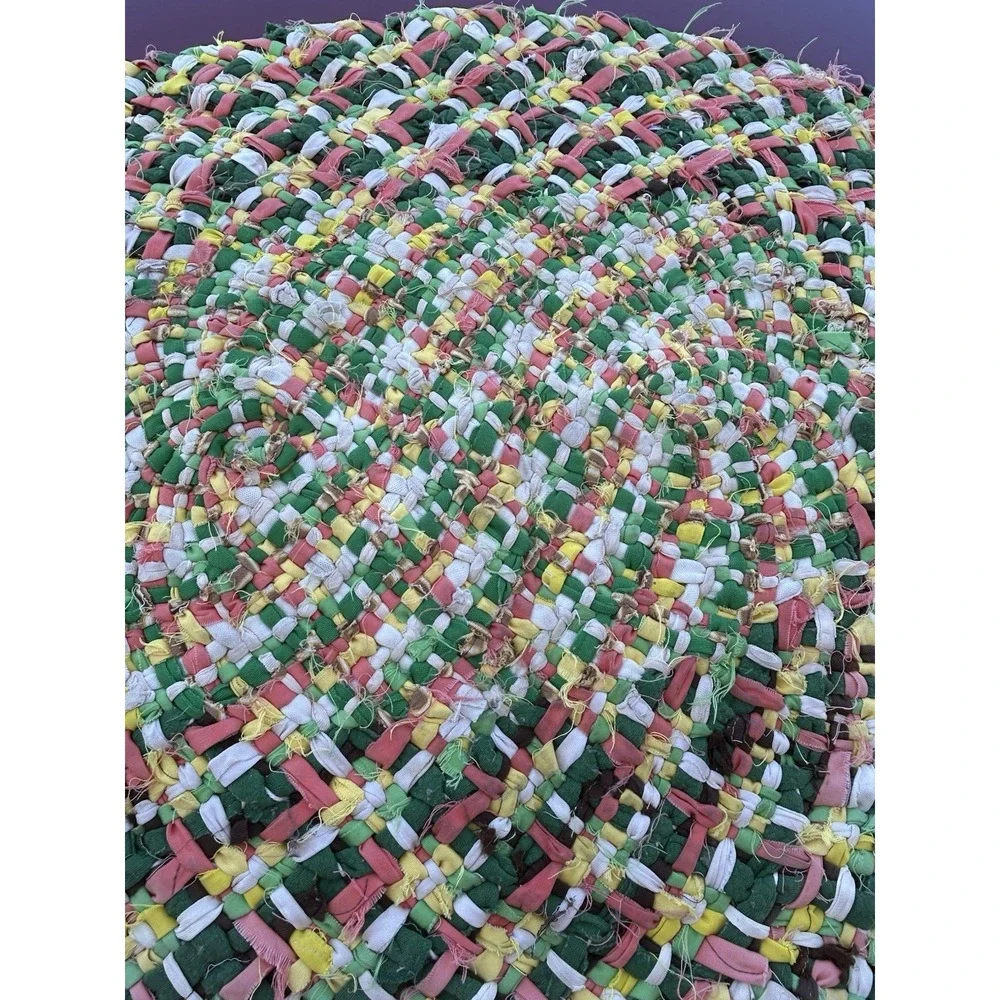 Handmade Braided Rag Rug 36x28 Green Pink Yellow Primitive Farmhouse Cottage